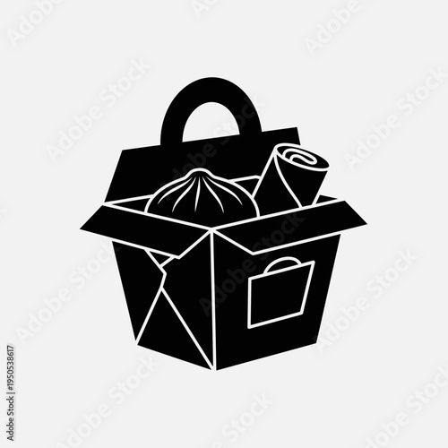 A black and white illustration of a takeout food box filled with dumplings and a rolled item, symbolizing convenient meal options.