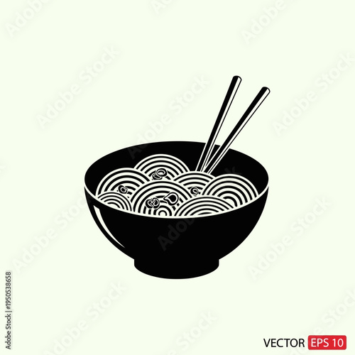 A black and white illustration of a bowl of noodles with chopsticks resting on top, presented against a plain background.