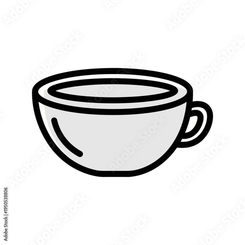 A simple, clean illustration of a white coffee cup with a black outline and a handle, filled with a dark liquid.