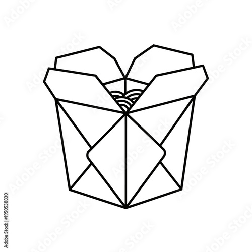 A minimalist line art illustration of an open takeout food container filled with noodles.