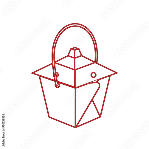 A simple red line drawing of a traditional Chinese takeout food container with a handle.