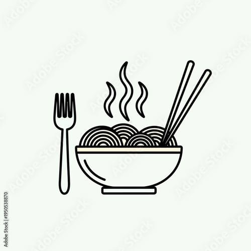 A simple line art illustration of a steaming bowl of noodles with chopsticks and a fork.