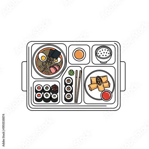 A top-down view of a Japanese bento box lunch tray filled with various delicious food items.