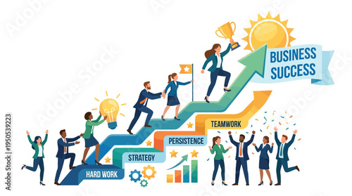 Business success illustrated with diverse professionals climbing a staircase of achievements, celebrating teamwork
