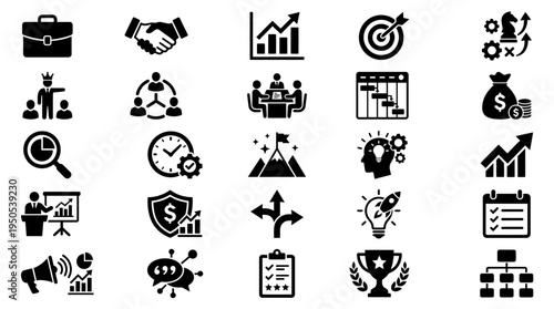 A collection of business icons representing teamwork, growth, strategy, and success