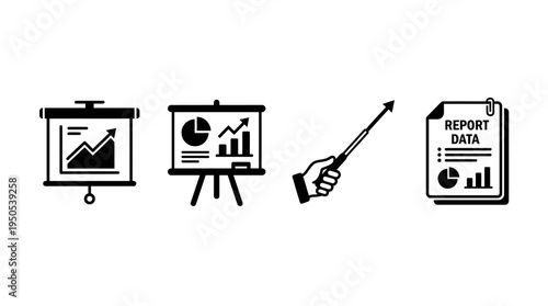 Business presentation with charts and graphs, featuring a pointer and report document in a meeting