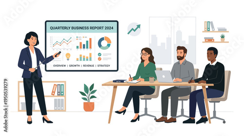 Business meeting presentation in an office setting, showcasing a quarterly report with charts