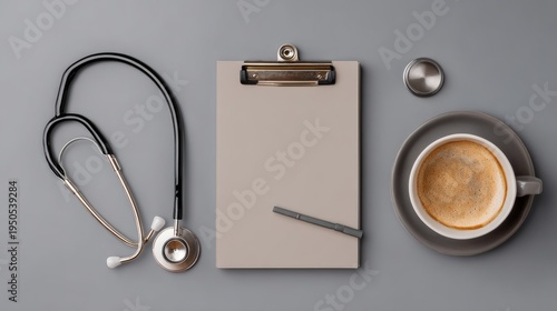 Minimalist medical workspace with stethoscope, digital tablet, blank notepad, and coffee cup on a clean desk, representing modern healthcare consultation, professional medical environment, and organiz