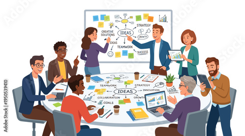 Team brainstorming session in an office, discussing creative solutions and strategies