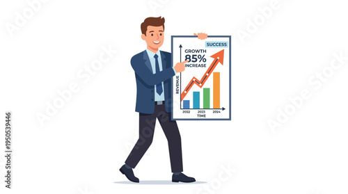 Businessman presenting a growth chart showing 85% revenue increase over time in an office setting