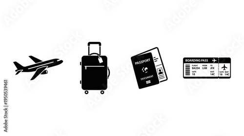 Iconic travel elements including an airplane, suitcase, passport, and boarding pass symbolizing journey