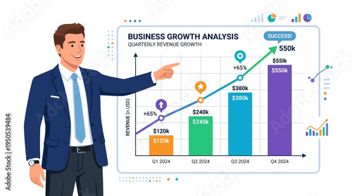 Business growth analysis presentation featuring a man pointing at a revenue chart with success indicators