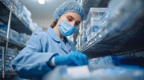 Healthcare worker in mask and gloves organizing medical supplies in a sterile storage room, ensuring safety and hygiene in hospital logistics and inventory management