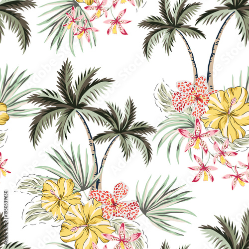 Tropical yellow hibiscus, orchid flowers, palm trees,  leaves, white background. Vector seamless pattern. Hawaiian illustration. Exotic plants. Summer beach floral design. Paradise nature
