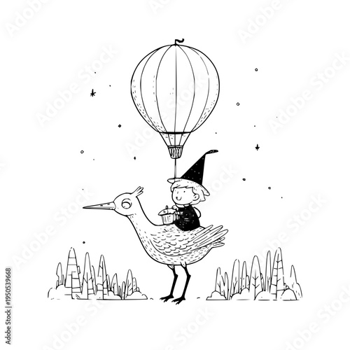 Whimsical illustration of a child wearing a witch hat riding a large bird with a hot air balloon floating above in a magical nighttime setting with stars