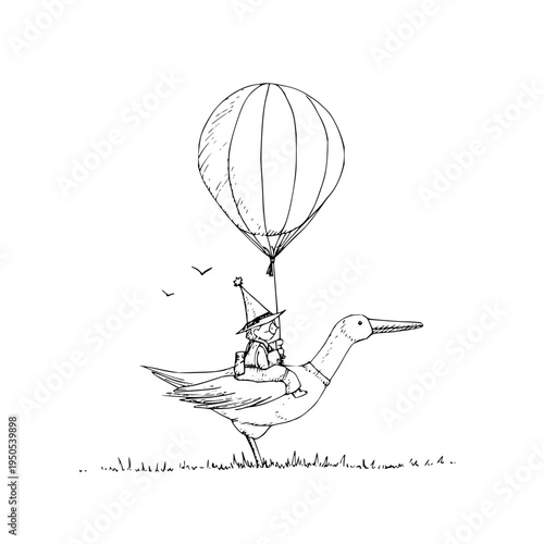Whimsical illustration of a child riding a bird with a hot air balloon floating above on a sunny day outdoors