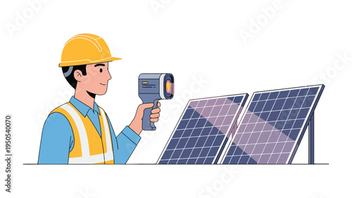 Energy Inspector: A dedicated technician meticulously inspects solar panels with a handheld thermal imaging device, ensuring optimal performance and efficiency of sustainable energy systems.