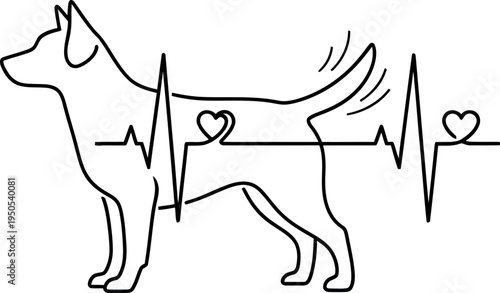 Minimalist continuous line art design illustrating a dog silhouette merged perfectly with a veterinary heartbeat electrocardiogram rhythm line.