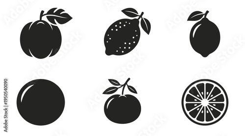 Collection of black silhouette fruit icons including peach, lemon, orange, and lemon slice