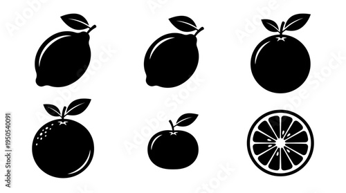 Various citrus fruit silhouettes including lemons and oranges with leaves