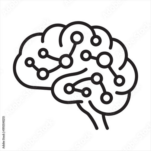 Minimalist black outline human brain icon vector with interconnected nodes representing artificial intelligence, thinking, and neural networks for technology and science concepts.