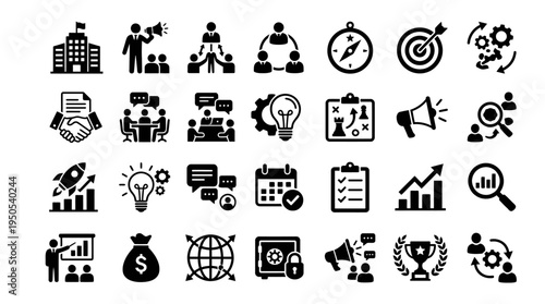 A collection of black icons representing business concepts, teamwork, and productivity strategies