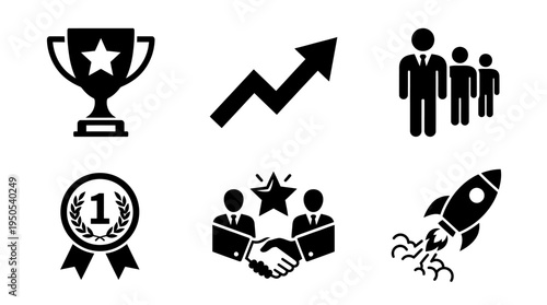Collection of achievement and growth icons depicting success, teamwork, and progress