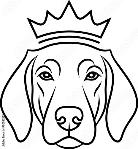 Minimalist black and white line art logo depicting a regal hound dog head wearing a simple royal crown illustration