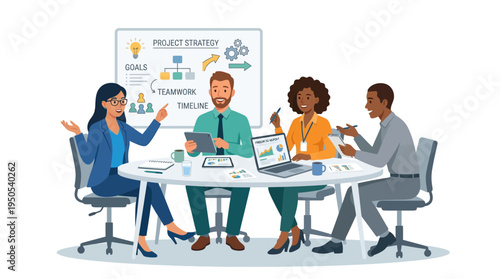 Team collaborating on project strategy in a modern office setting with charts and goals