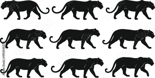 Black Panther Walking Silhouette Set, Wild Big Cat Predator Animal Isolated Flat Vector Illustration Collection
