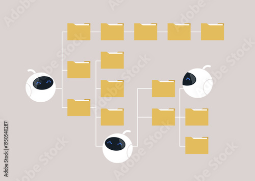 Little robots navigate a vibrant digital landscape filled with yellow file folders, Their curious eyes hint at the exploration of information and data management in this imaginative setting.