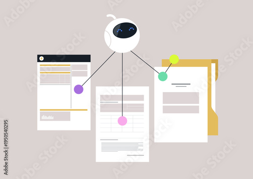 A small robot interacts with different linked files, using vibrant colored nodes to create connections, This scene illustrates a futuristic way of managing and organizing data efficiently.