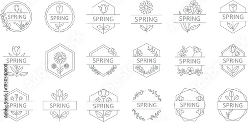 A collection of minimalist line art spring logos and emblems featuring elegant botanical elements like tulips, daisies, and leaves within diverse geometric shapes, perfect for fresh seasonal branding.