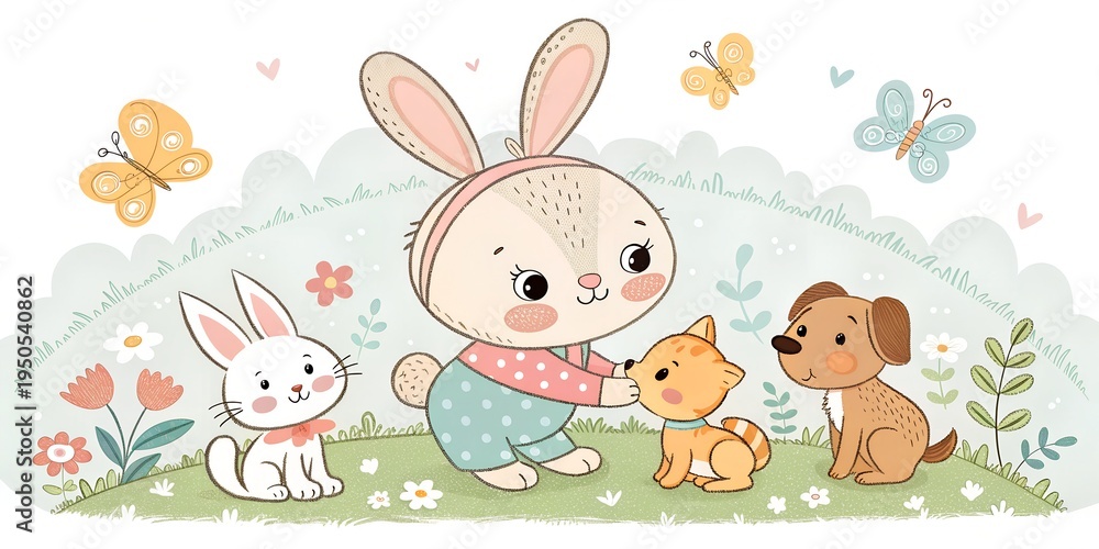 Naklejka premium Playful moments in a serene garden as a bunny befriends a curious kitten and joyful puppy under the watchful gaze of butterflies Gai, bunny, kitten, puppy, rabbit, garden, butterflies, cute, animals, 