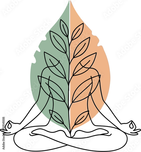 Minimalist line art illustration of a person meditating in a lotus pose, upper body transformed into a vibrant split-colored leaf with branches, symbolizing growth, balance, and inner peace.