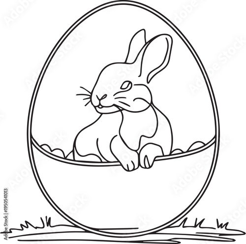 Minimalist continuous line art of a cute bunny inside an Easter egg, simple vector illustration of a rabbit for spring holiday.