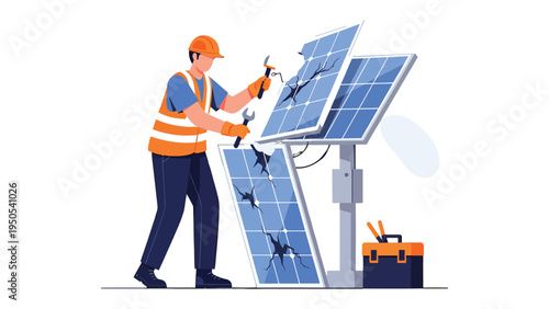 Solar Panel Technician: A skilled technician, equipped with tools, works diligently to repair damaged solar panels, highlighting the importance of clean energy maintenance.