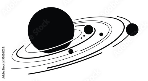 A black and white illustration depicting a planet with rings and orbiting moons