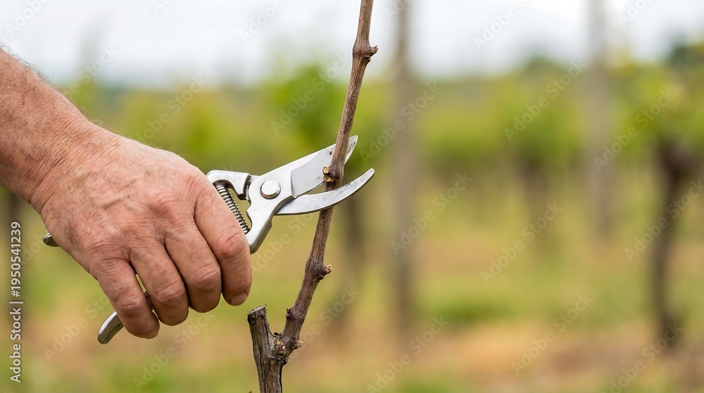 Obraz premium Gardener carefully pruning a young vine with pruning shears in a vineyard with blurred green background