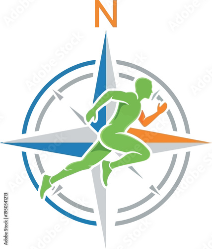 Abstract graphic design showcasing a stylized running figure overlaid on a compass rose indicating true north direction on a dark background