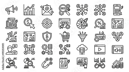 Collection of digital marketing icons depicting analytics, communication, and growth strategies