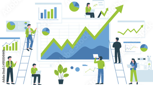 Business analytics dashboard with team analyzing financial growth charts and data reports, corporate strategy planning success illustration
