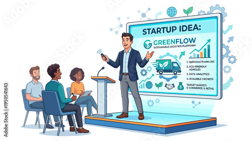 Business presentation on sustainable startup ideas with audience engagement and visual aids