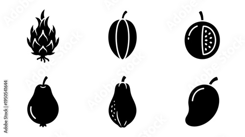 A collection of various tropical fruits displayed artistically on a white background