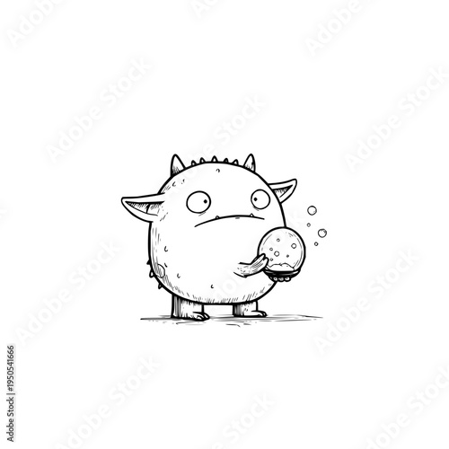 Cute cartoon monster with a bubble blowing expression standing alone in a white background looking sad or bored with a speech bubble coming out of its mouth