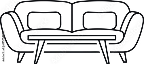 Simple line art icon depicting a contemporary two-seater sofa with a small coffee table centered in front