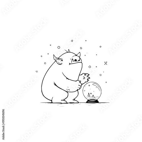 A cartoon monster gazes into a crystal ball with a small creature inside surrounded by floating stars and symbols on a white background