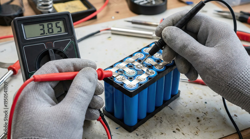 Wallpaper Mural Hands wearing gloves testing blue lithium battery pack with digital multimeter showing voltage reading workbench with tools and wires, demonstrating careful electronic repair and measurement Torontodigital.ca