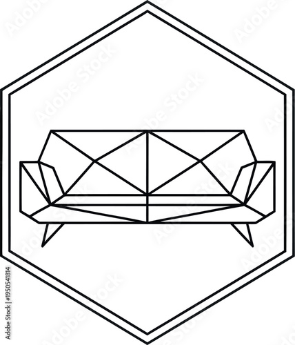 Minimalist geometric line art logo design featuring a low profile sofa enclosed within a hexagonal badge outline