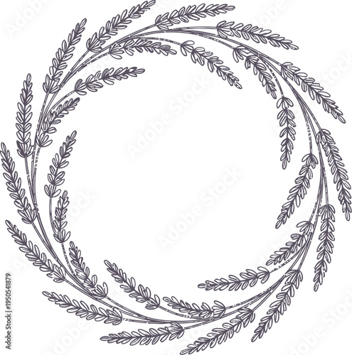 Delicate outline drawing of a stylized lavender wreath creating a beautiful circular floral border element on a white background